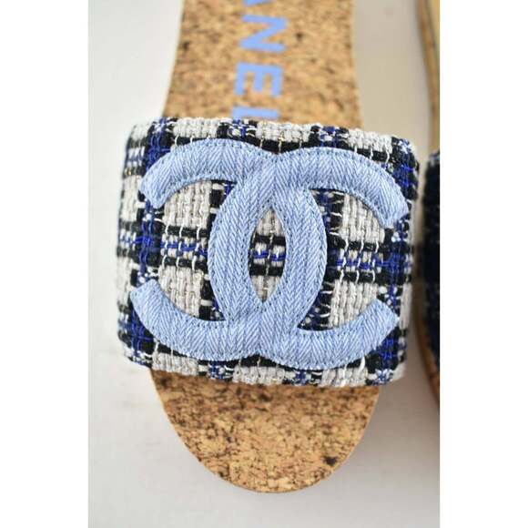 Chanel 20P Blue Tweed Denim CC Logo Cork Mule Slide Slip Platform Sandal Flat 41 - Picture 5 of 9
